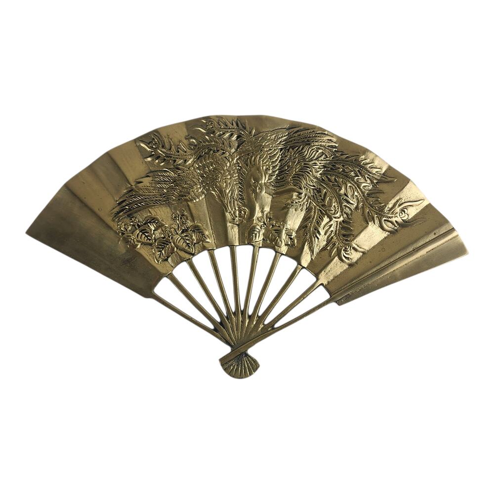 Vintage Solid Brass Oriental Hang Fan Embossed Phoenix Bird Wall Decor
